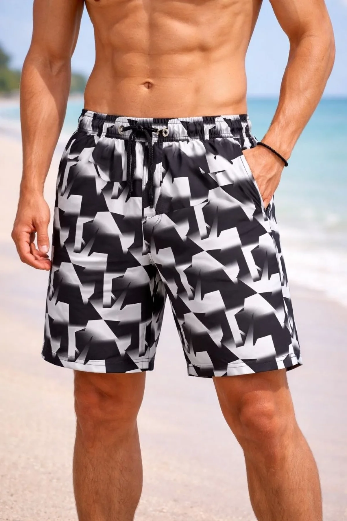 Erkek Deniz Şortu Fermuarlı Cepli File Astarlı Hızlı Kuruyan Premium - Siyah