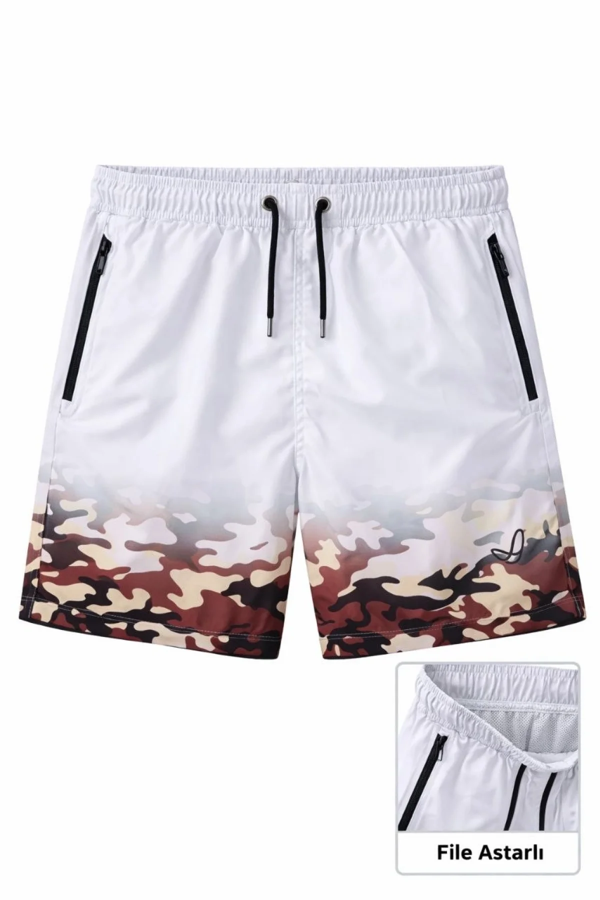 Erkek Deniz Şortu Fermuarlı Cepli File Astarlı Hızlı Kuruyan Premium - Beyaz