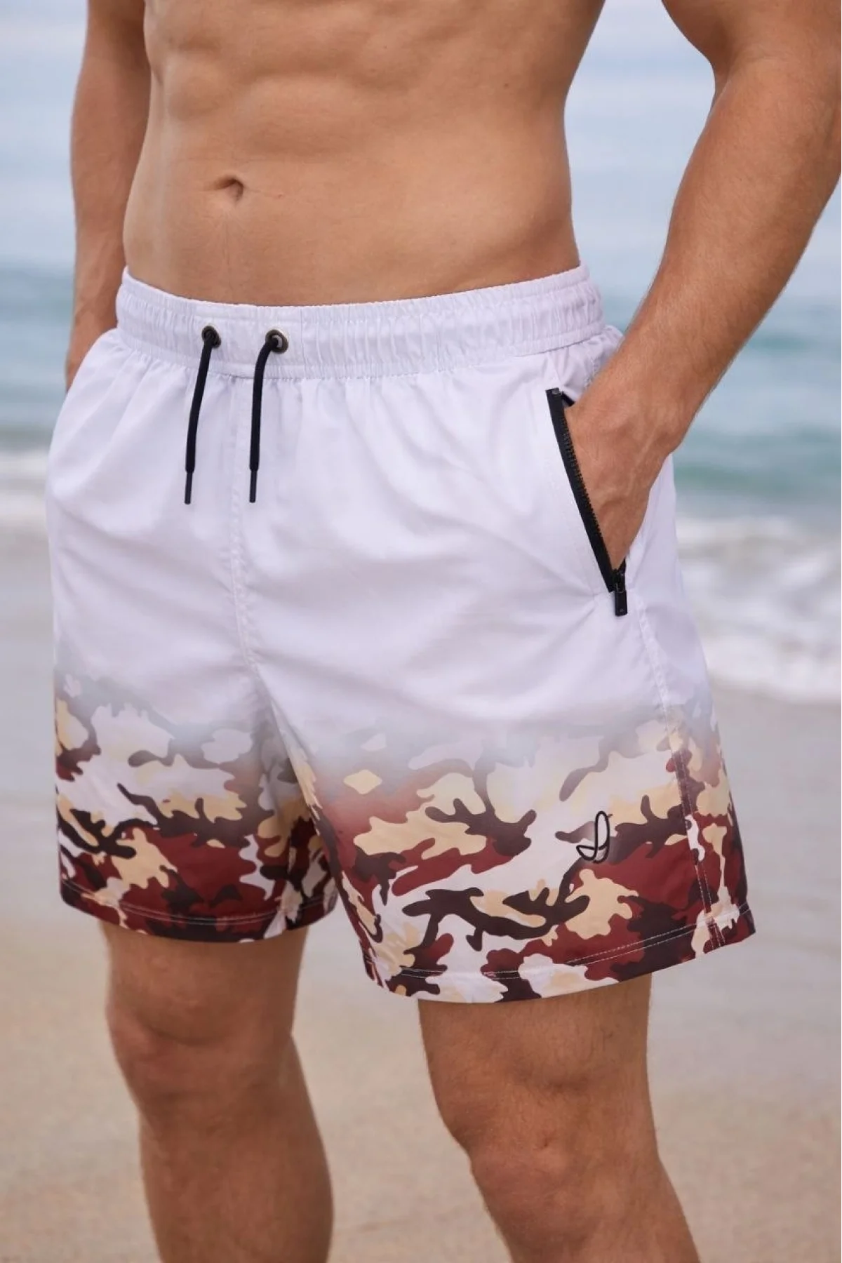 Erkek Deniz Şortu Fermuarlı Cepli File Astarlı Hızlı Kuruyan Premium - Beyaz