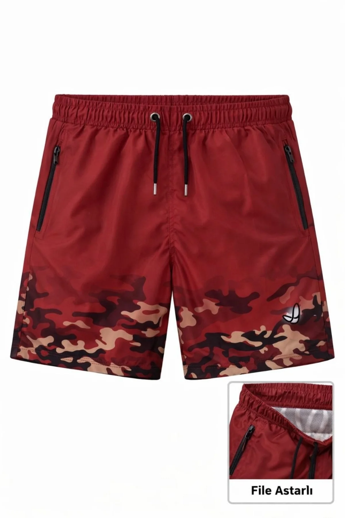 Erkek Deniz Şortu Fermuarlı Cepli File Astarlı Hızlı Kuruyan Premium - Kırmızı
