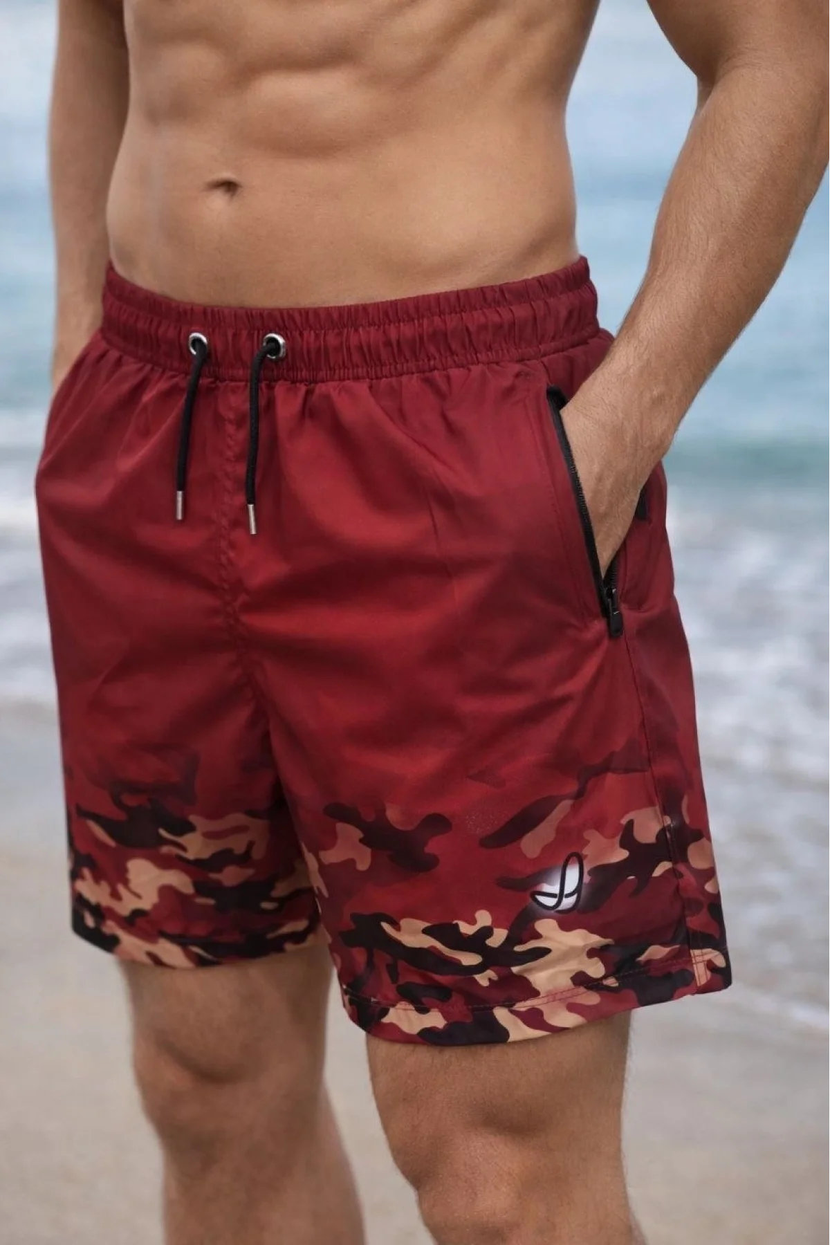 Erkek Deniz Şortu Fermuarlı Cepli File Astarlı Hızlı Kuruyan Premium - Kırmızı