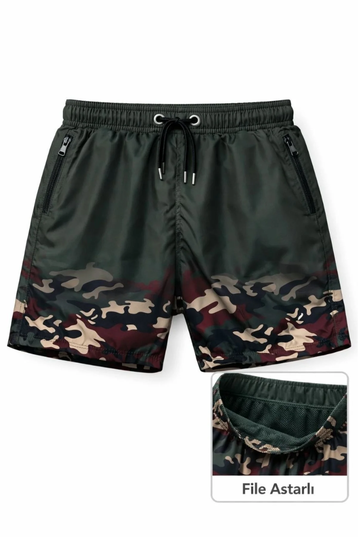 Erkek Deniz Şortu Fermuarlı Cepli File Astarlı Hızlı Kuruyan Premium - Haki