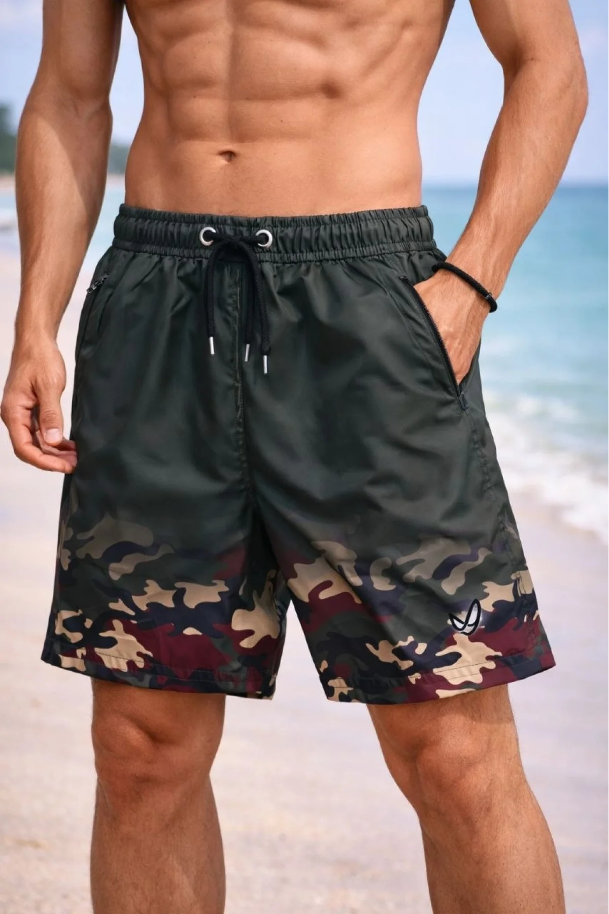 Erkek Deniz Şortu Fermuarlı Cepli File Astarlı Hızlı Kuruyan Premium - Haki