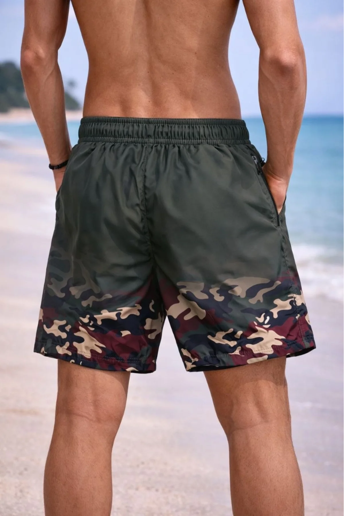 Erkek Deniz Şortu Fermuarlı Cepli File Astarlı Hızlı Kuruyan Premium - Haki