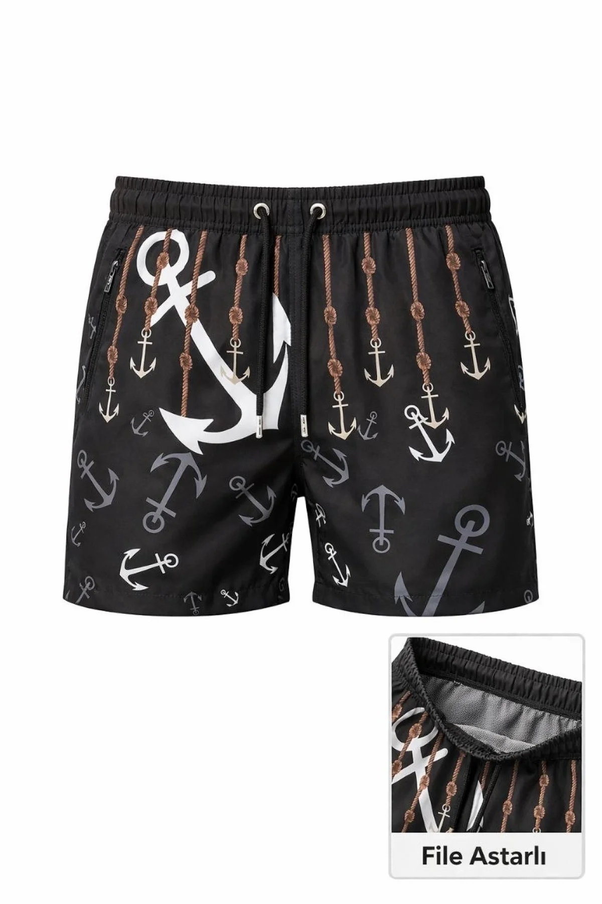 Erkek Deniz Şortu Fermuarlı Cepli File Astarlı Hızlı Kuruyan Premium - Siyah