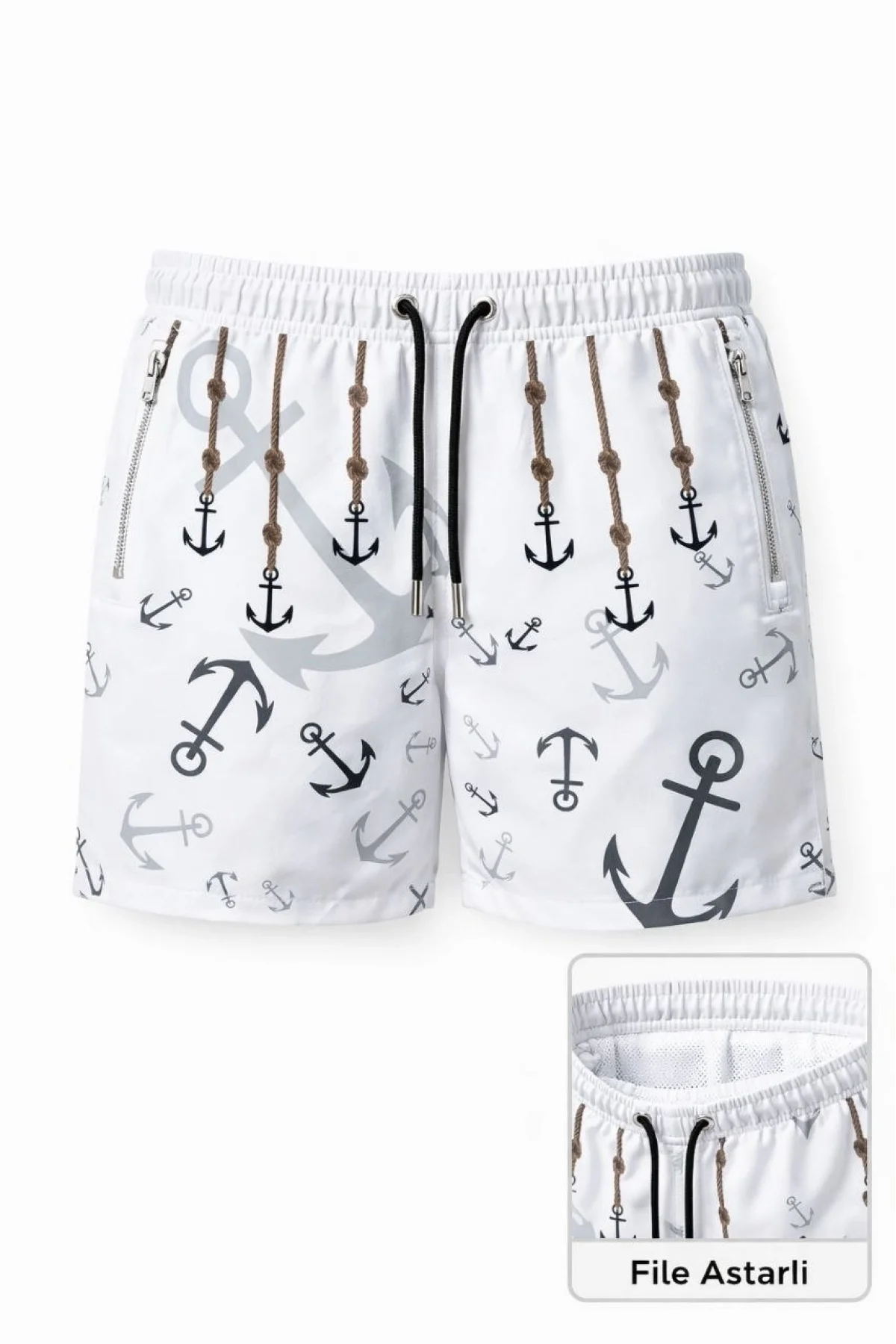Erkek Deniz Şortu Fermuarlı Cepli File Astarlı Hızlı Kuruyan Premium - Beyaz