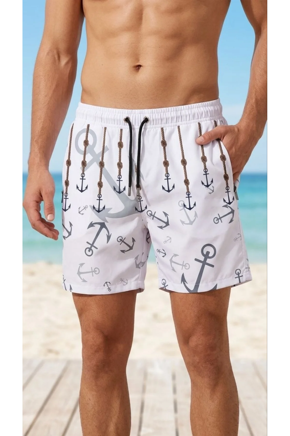 Erkek Deniz Şortu Fermuarlı Cepli File Astarlı Hızlı Kuruyan Premium - Beyaz