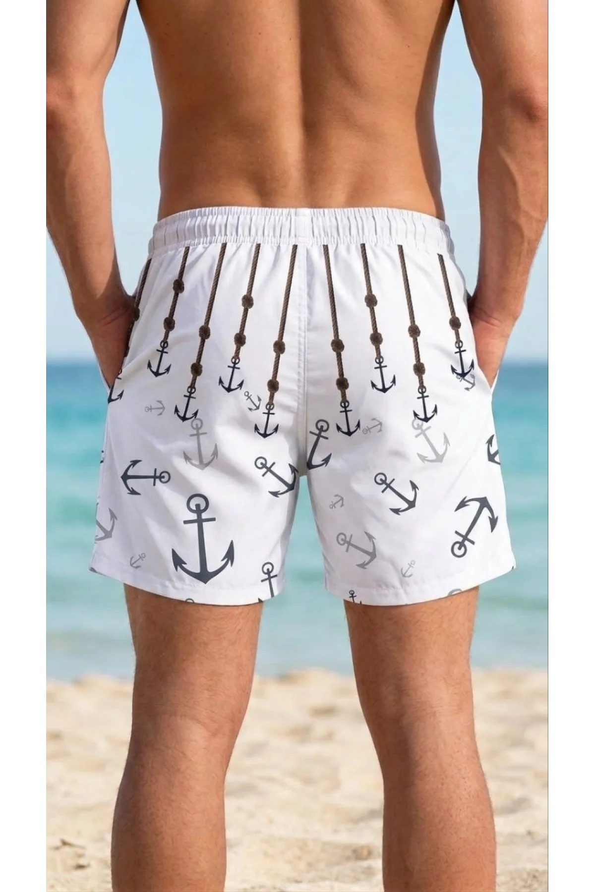 Erkek Deniz Şortu Fermuarlı Cepli File Astarlı Hızlı Kuruyan Premium - Beyaz