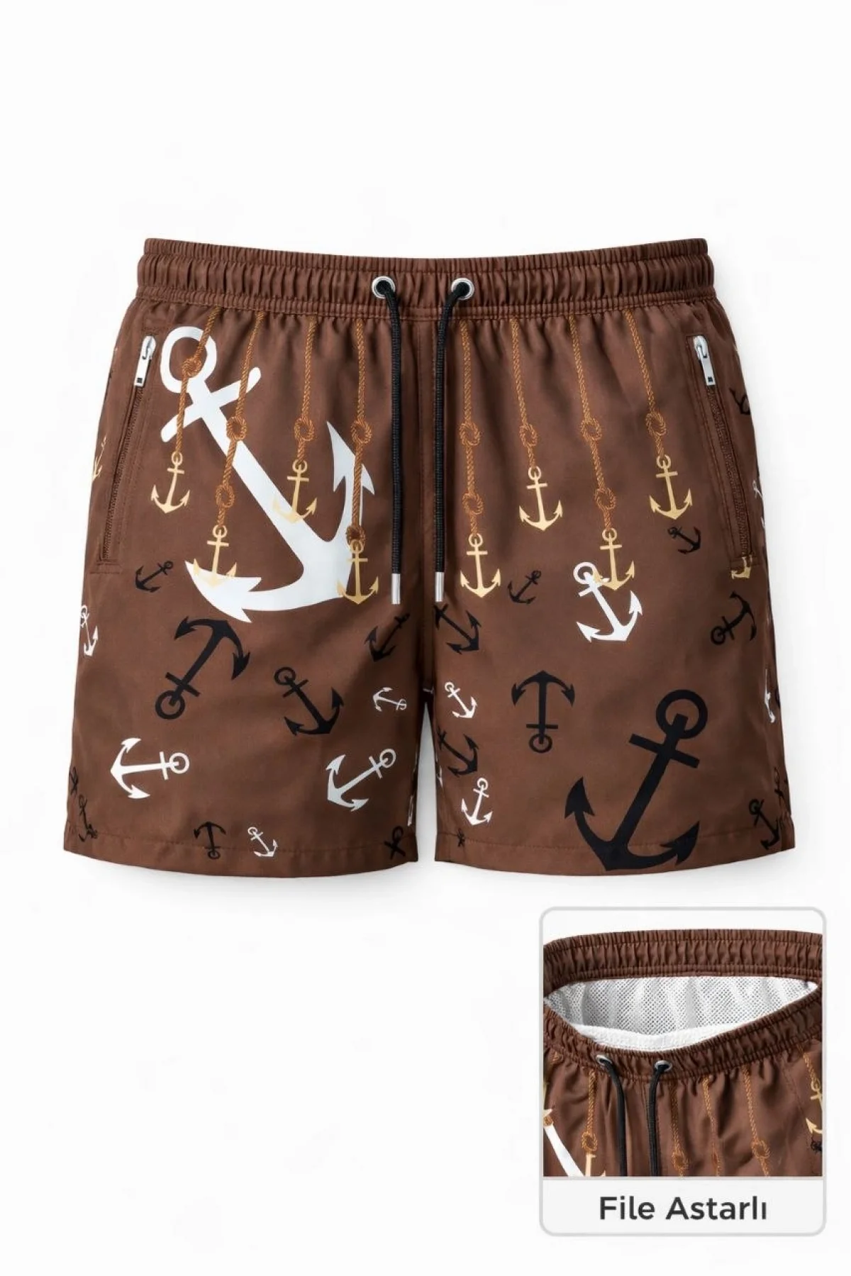Erkek Deniz Şortu Fermuarlı Cepli File Astarlı Hızlı Kuruyan Premium - Kahverengi