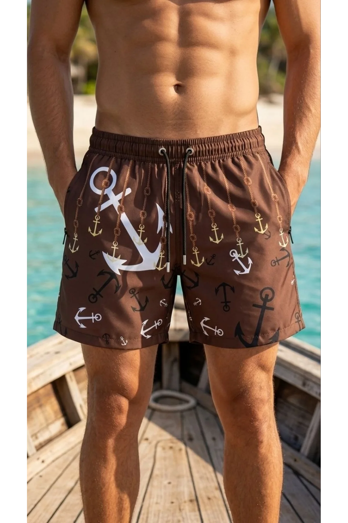 Erkek Deniz Şortu Fermuarlı Cepli File Astarlı Hızlı Kuruyan Premium - Kahverengi