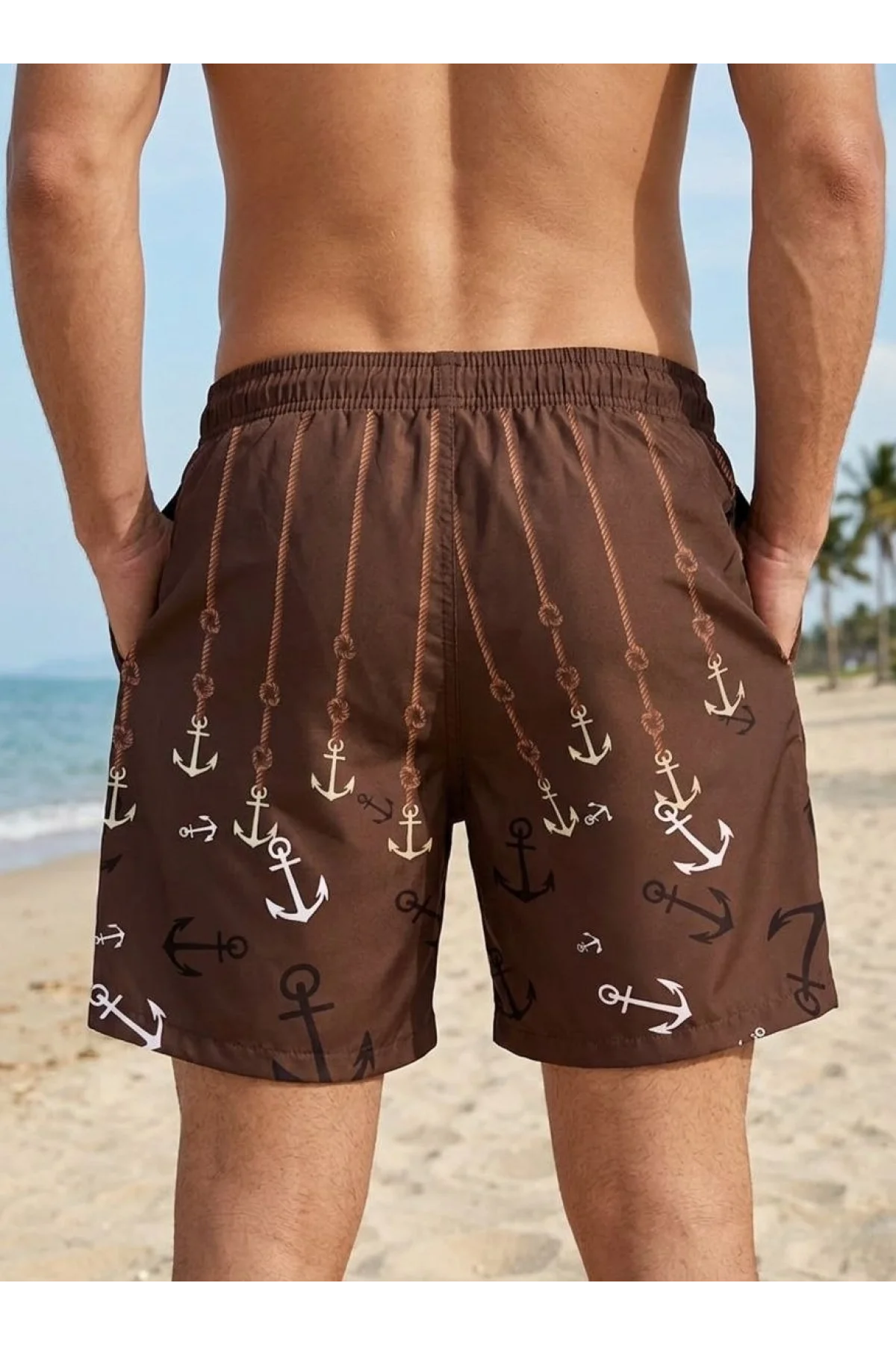 Erkek Deniz Şortu Fermuarlı Cepli File Astarlı Hızlı Kuruyan Premium - Kahverengi