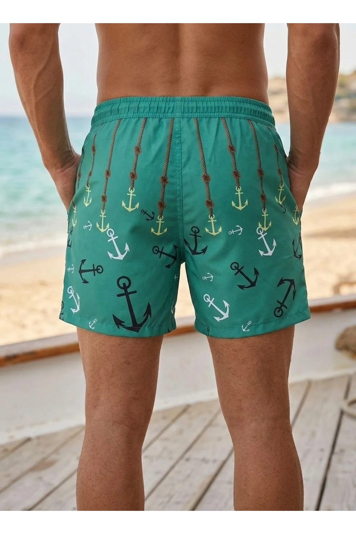 Erkek Deniz Şortu Fermuarlı Cepli File Astarlı Hızlı Kuruyan Premium - Su Yeşili