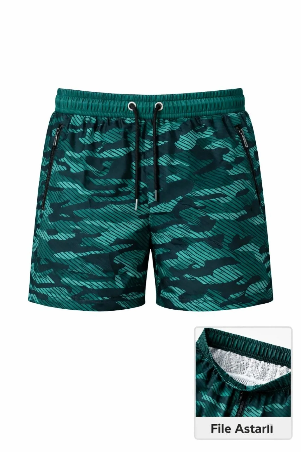 Erkek Deniz Şortu Fermuarlı Cepli File Astarlı Hızlı Kuruyan Premium - Su Yeşili