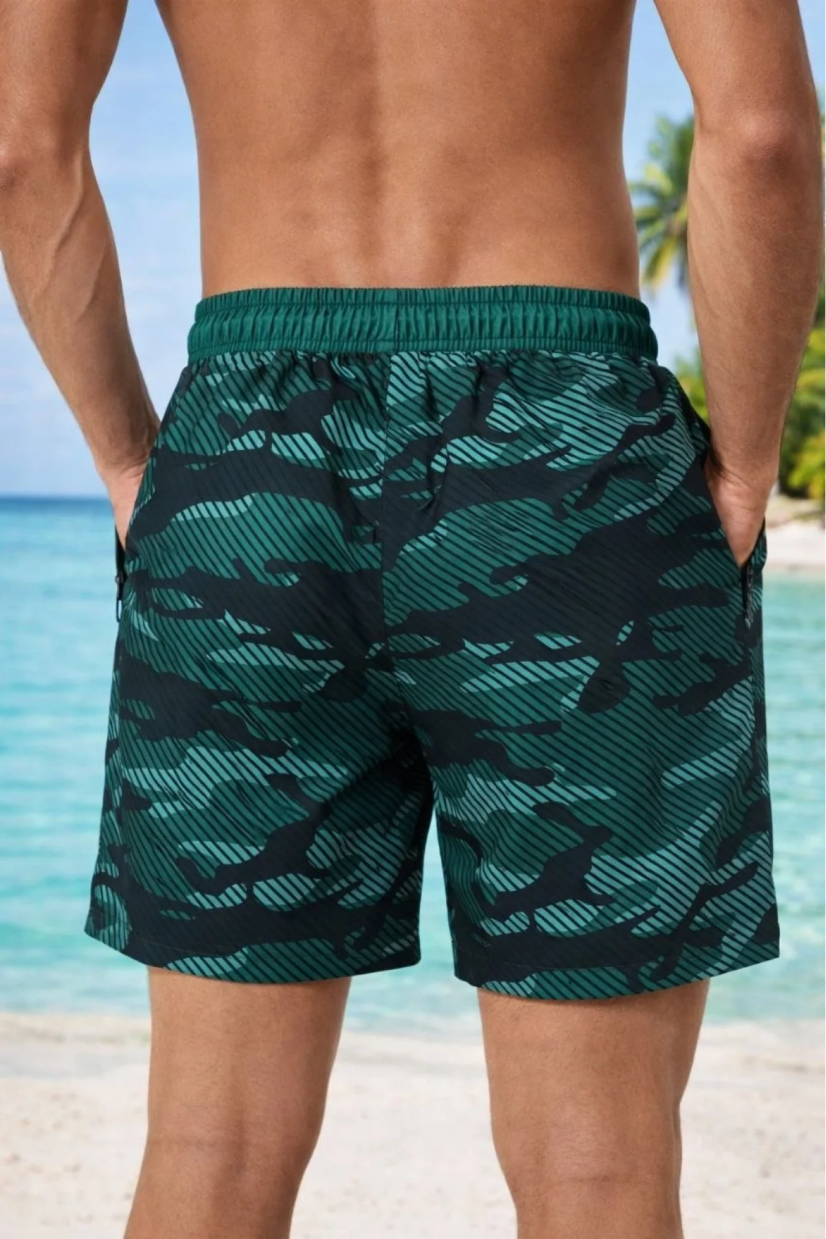 Erkek Deniz Şortu Fermuarlı Cepli File Astarlı Hızlı Kuruyan Premium - Su Yeşili