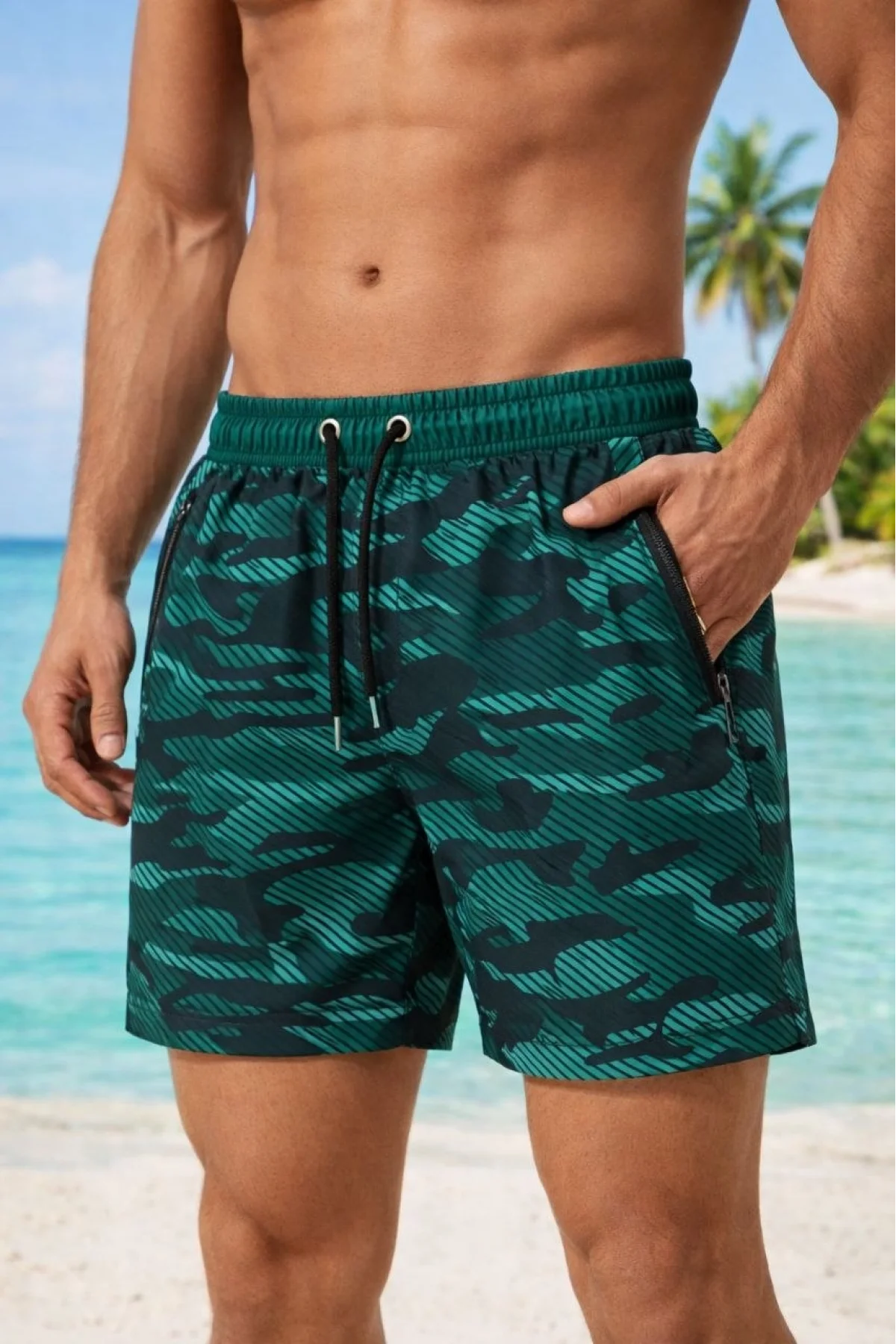 Erkek Deniz Şortu Fermuarlı Cepli File Astarlı Hızlı Kuruyan Premium - Su Yeşili