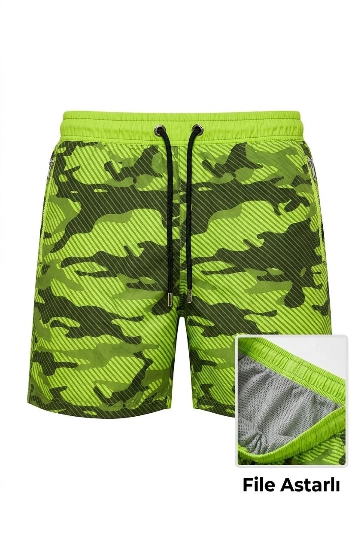 Erkek Deniz Şortu Fermuarlı Cepli File Astarlı Hızlı Kuruyan Premium - Neon Yeşili