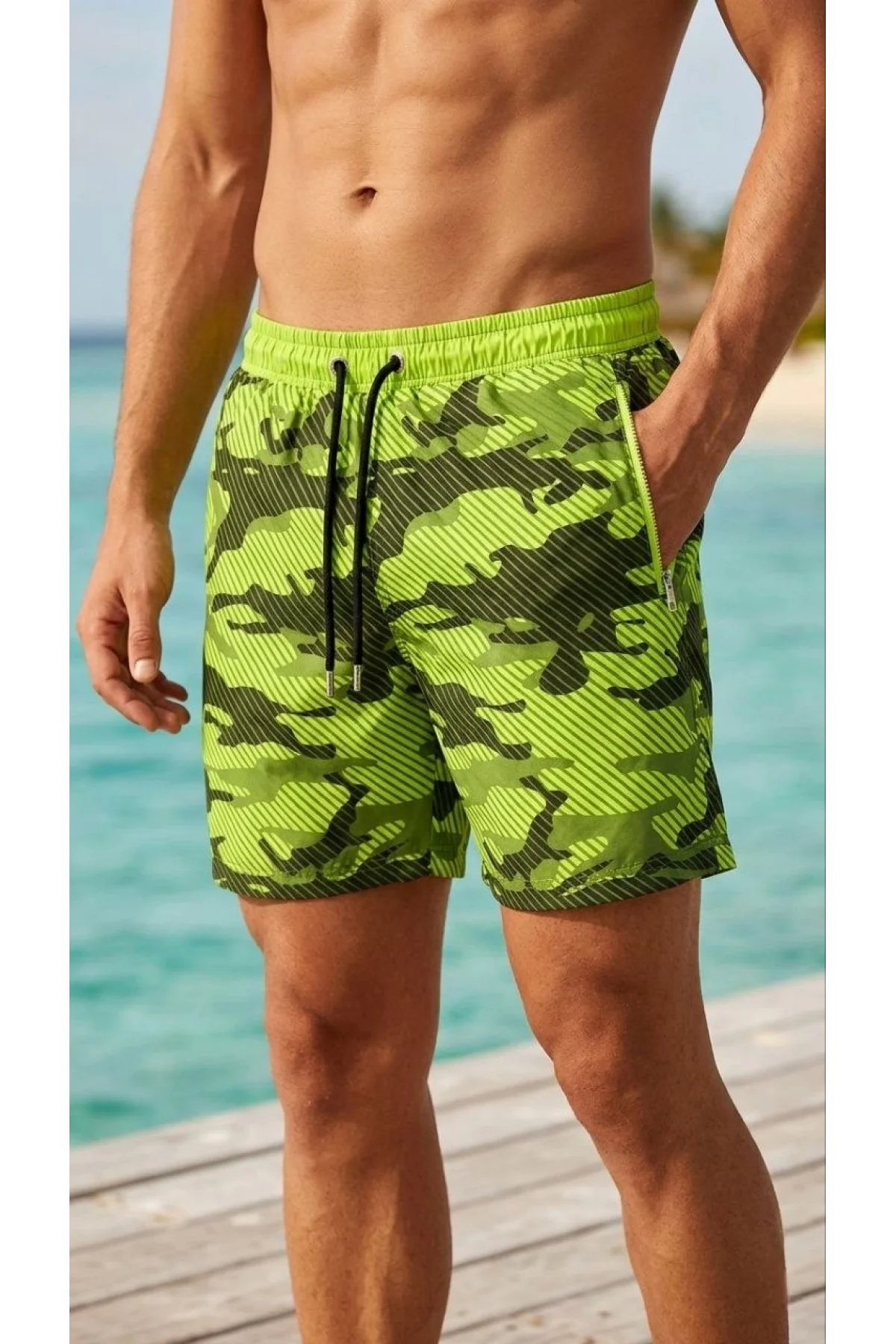 Erkek Deniz Şortu Fermuarlı Cepli File Astarlı Hızlı Kuruyan Premium - Neon Yeşili