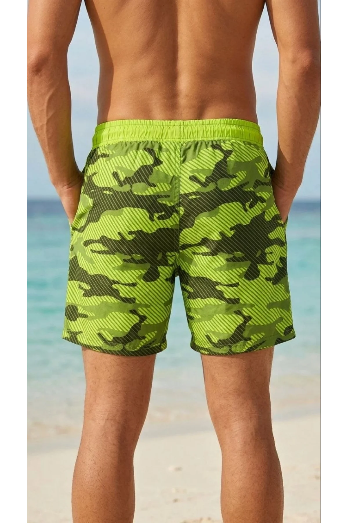 Erkek Deniz Şortu Fermuarlı Cepli File Astarlı Hızlı Kuruyan Premium - Neon Yeşili
