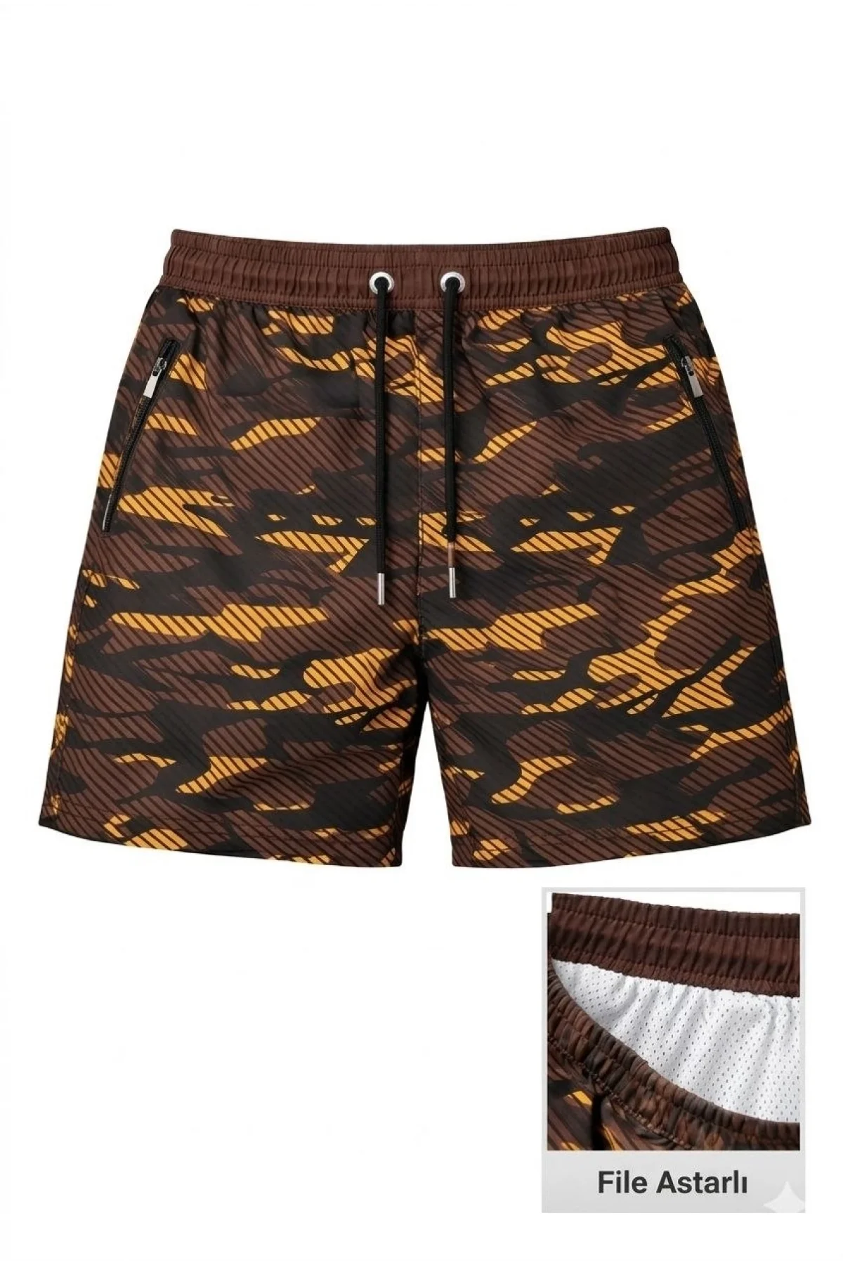 Erkek Deniz Şortu Fermuarlı Cepli File Astarlı Hızlı Kuruyan Premium - Kahverengi