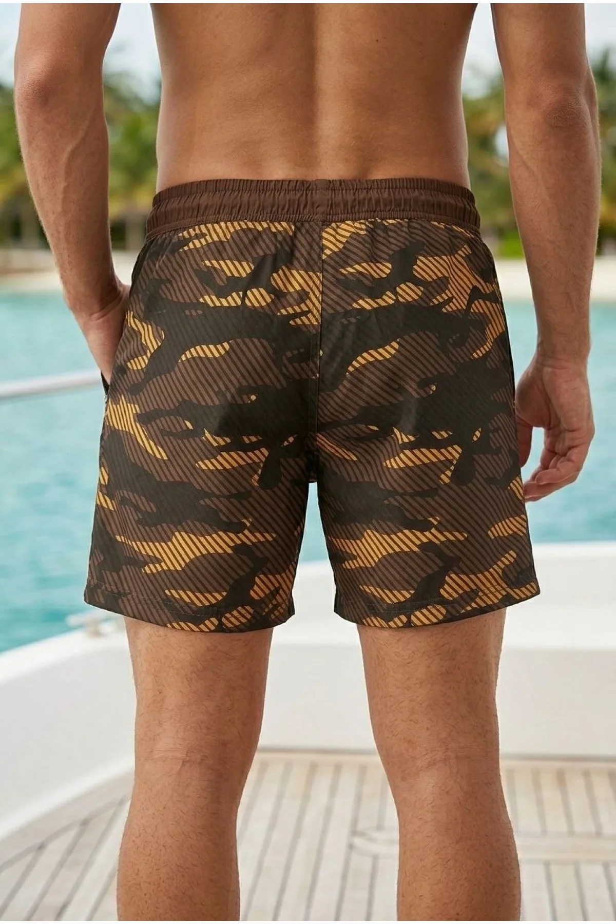 Erkek Deniz Şortu Fermuarlı Cepli File Astarlı Hızlı Kuruyan Premium - Kahverengi