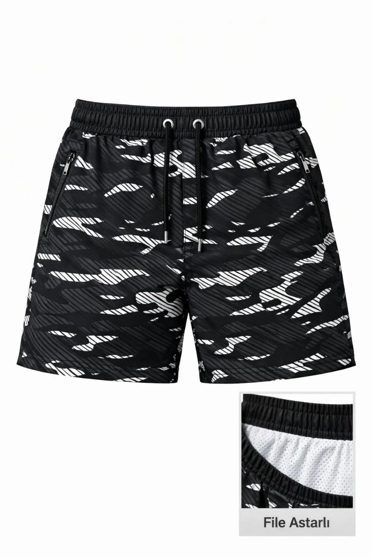 Erkek Deniz Şortu Fermuarlı Cepli File Astarlı Hızlı Kuruyan Premium - Siyah
