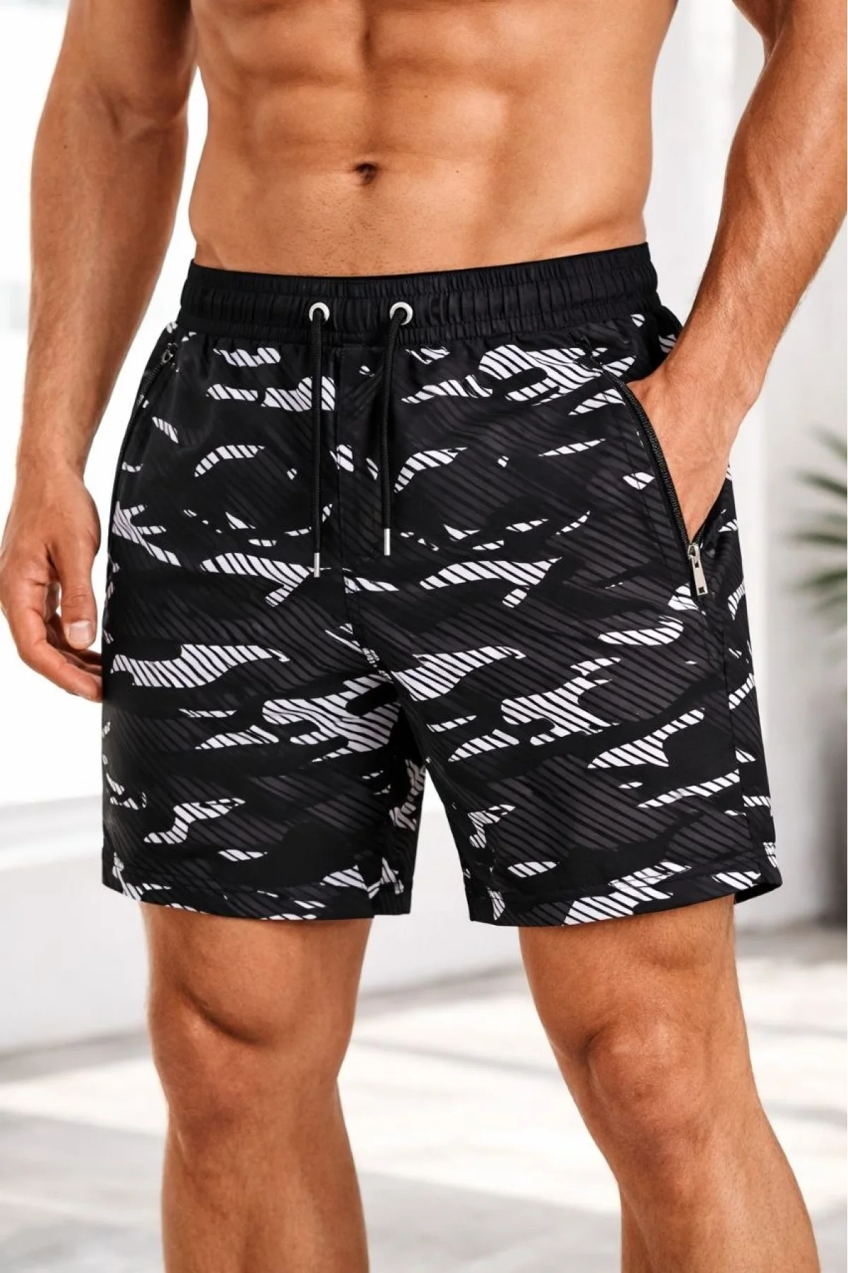 Erkek Deniz Şortu Fermuarlı Cepli File Astarlı Hızlı Kuruyan Premium - Siyah