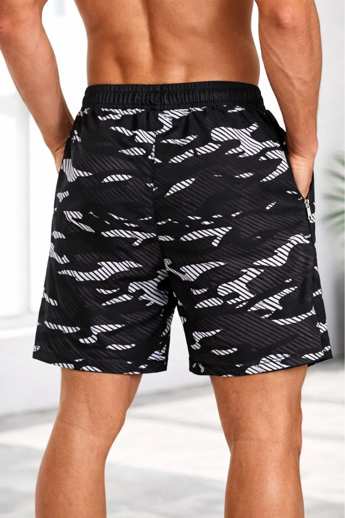 Erkek Deniz Şortu Fermuarlı Cepli File Astarlı Hızlı Kuruyan Premium - Siyah