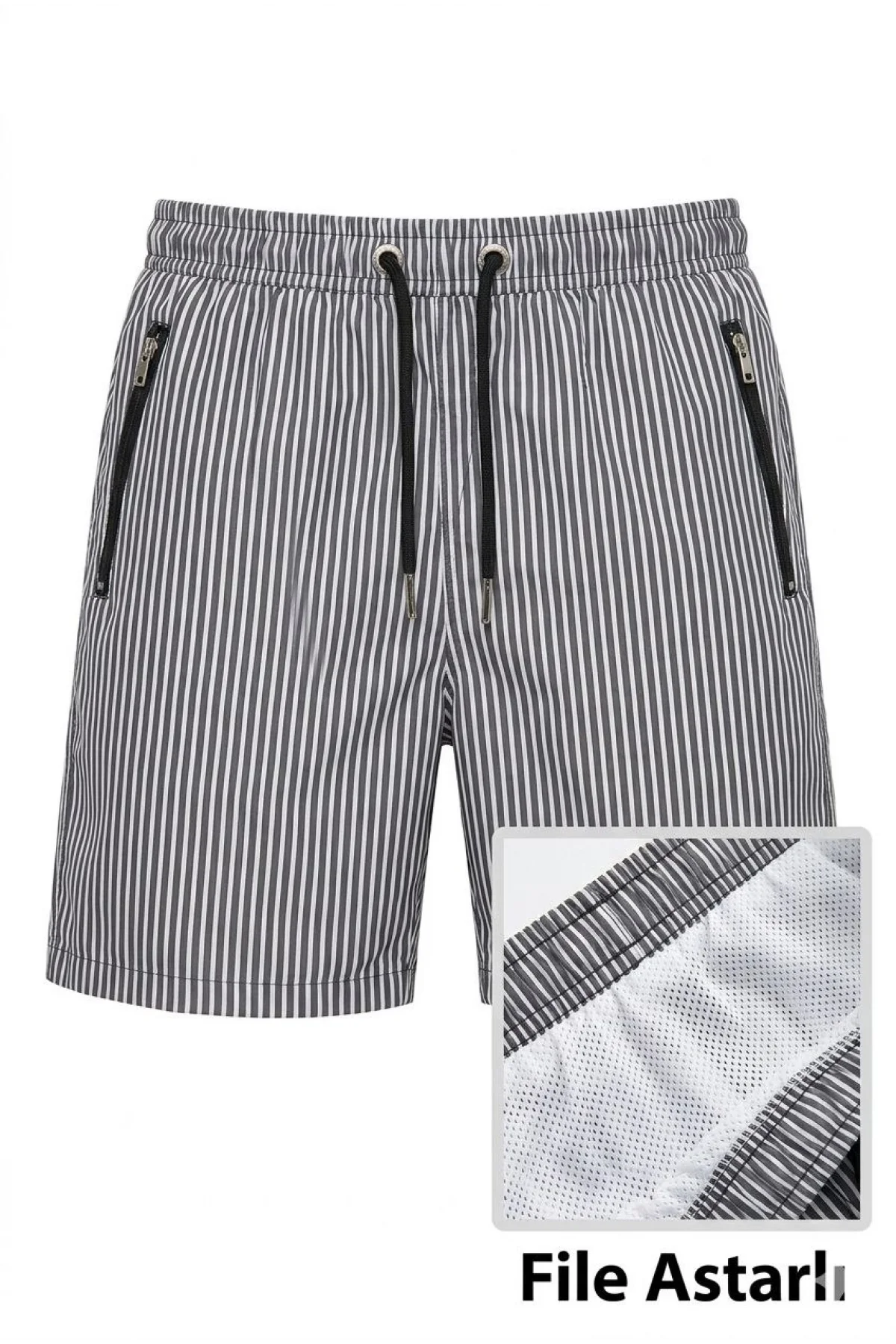 Erkek Deniz Şortu Fermuarlı Cepli File Astarlı Hızlı Kuruyan Premium - Siyah