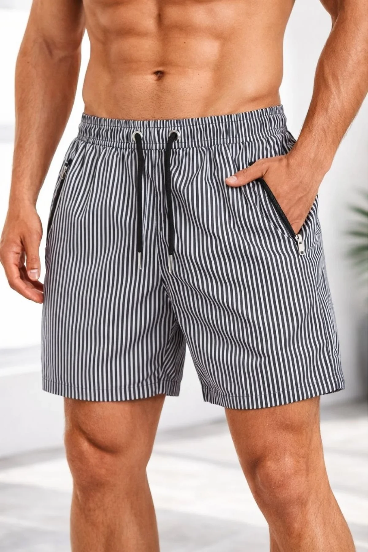 Erkek Deniz Şortu Fermuarlı Cepli File Astarlı Hızlı Kuruyan Premium - Siyah