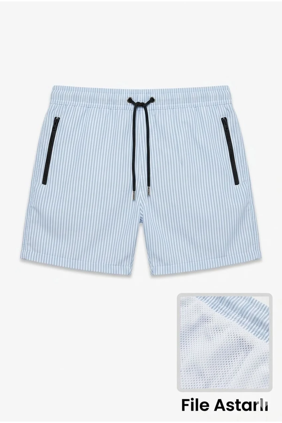 Erkek Deniz Şortu Fermuarlı Cepli File Astarlı Hızlı Kuruyan Premium - Bebek Mavisi