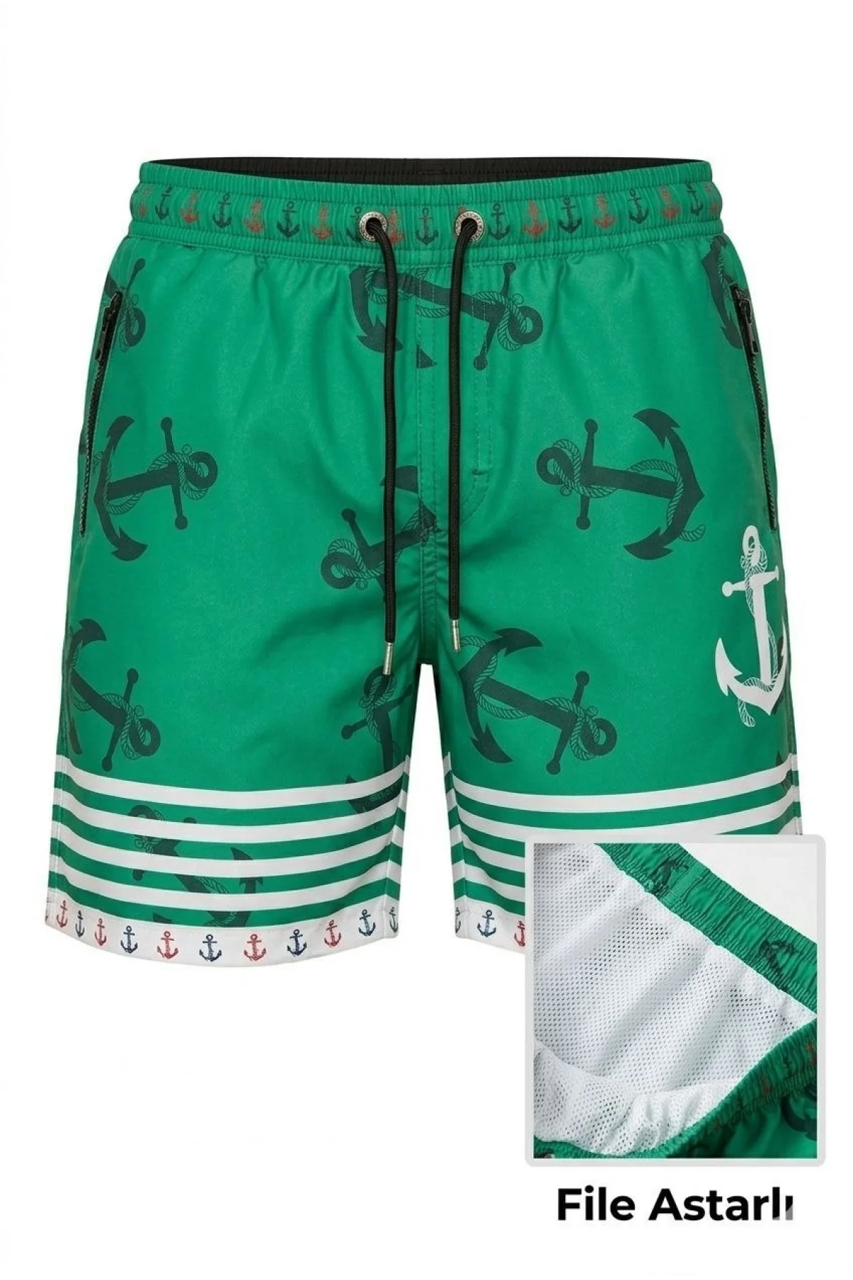Erkek Deniz Şortu Fermuarlı Cepli File Astarlı Hızlı Kuruyan Premium - Su Yeşili