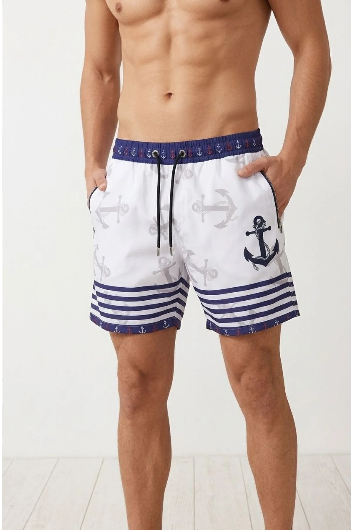 Erkek Deniz Şortu Fermuarlı Cepli File Astarlı Hızlı Kuruyan Premium - Beyaz