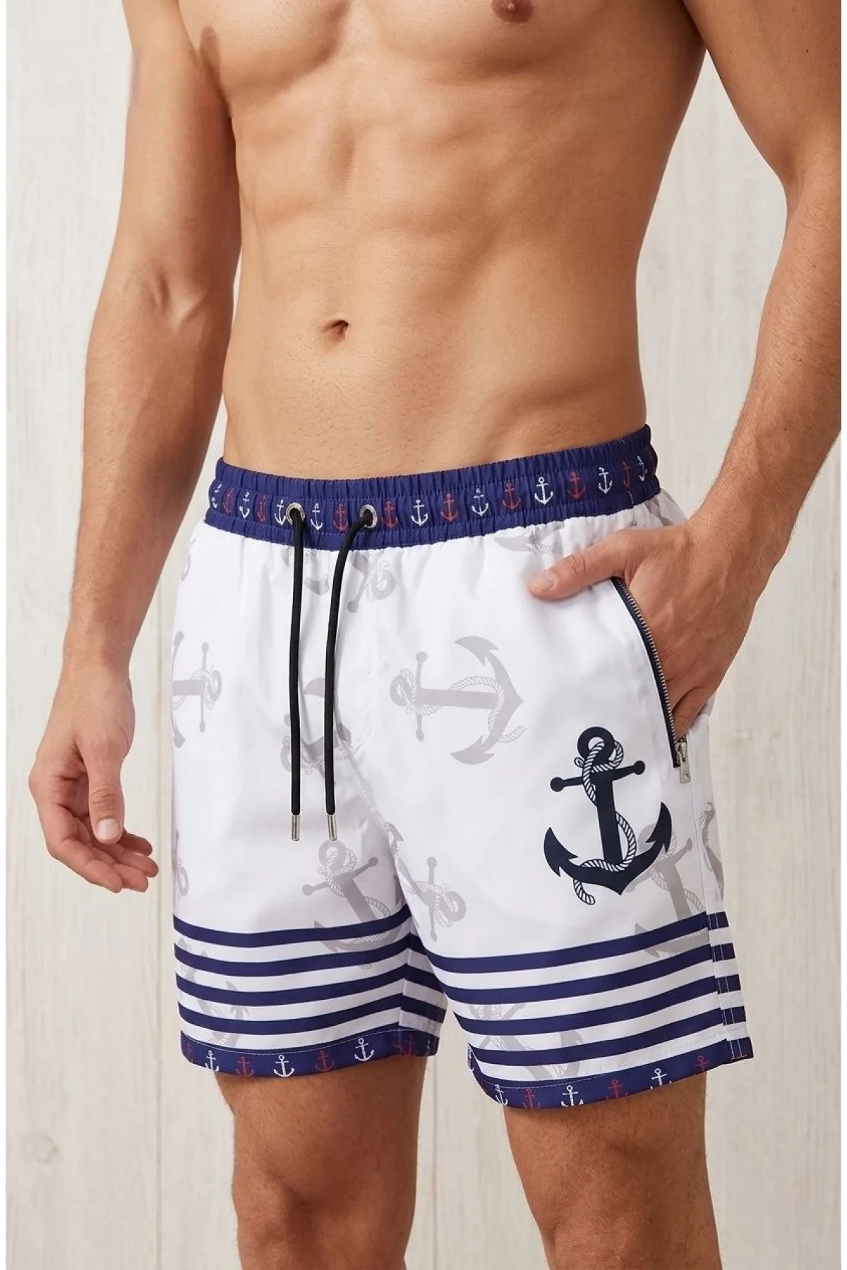 Erkek Deniz Şortu Fermuarlı Cepli File Astarlı Hızlı Kuruyan Premium - Beyaz