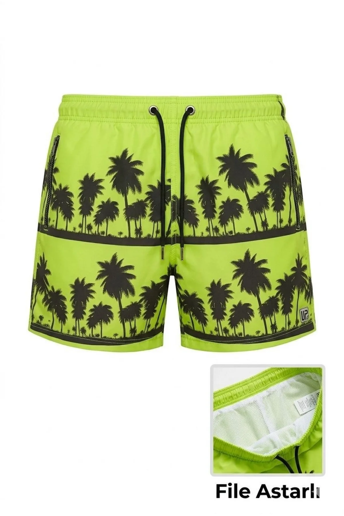 Erkek Deniz Şortu Fermuarlı Cepli File Astarlı Hızlı Kuruyan Premium - Neon Yeşili