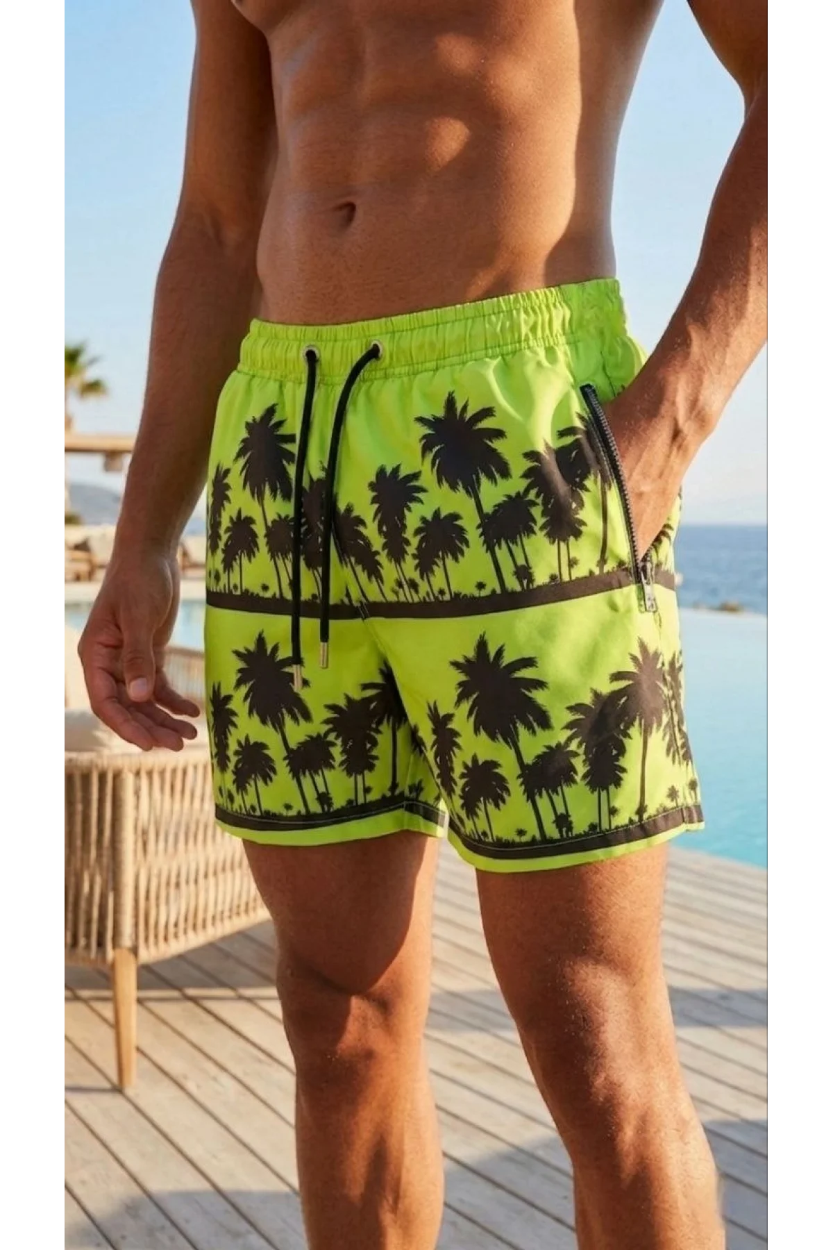 Erkek Deniz Şortu Fermuarlı Cepli File Astarlı Hızlı Kuruyan Premium - Neon Yeşili