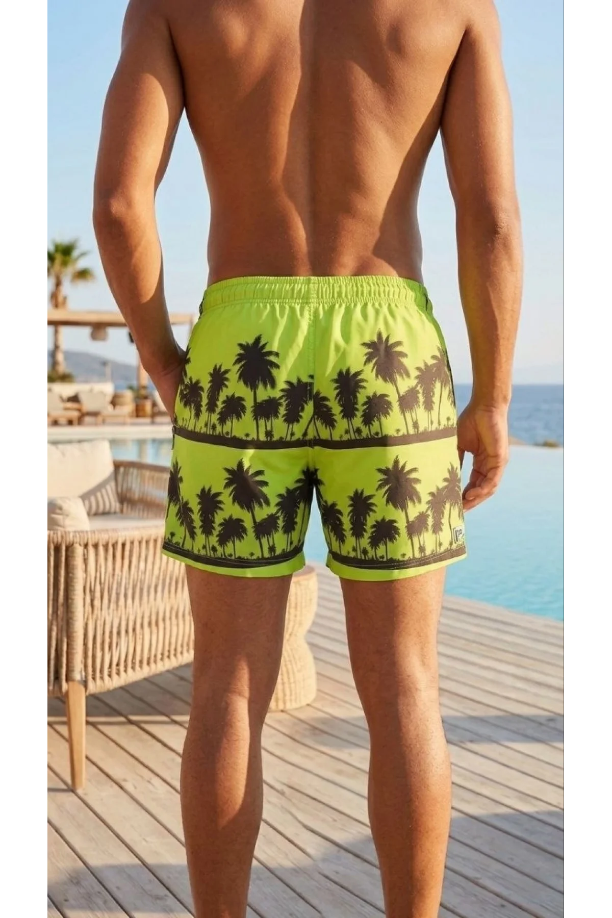 Erkek Deniz Şortu Fermuarlı Cepli File Astarlı Hızlı Kuruyan Premium - Neon Yeşili