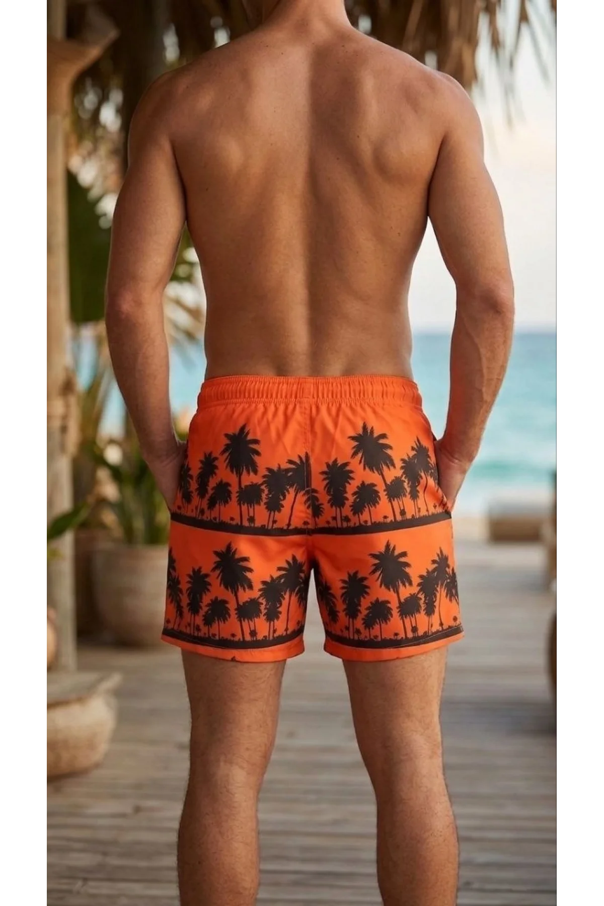 Erkek Deniz Şortu Fermuarlı Cepli File Astarlı Hızlı Kuruyan Premium - Turuncu