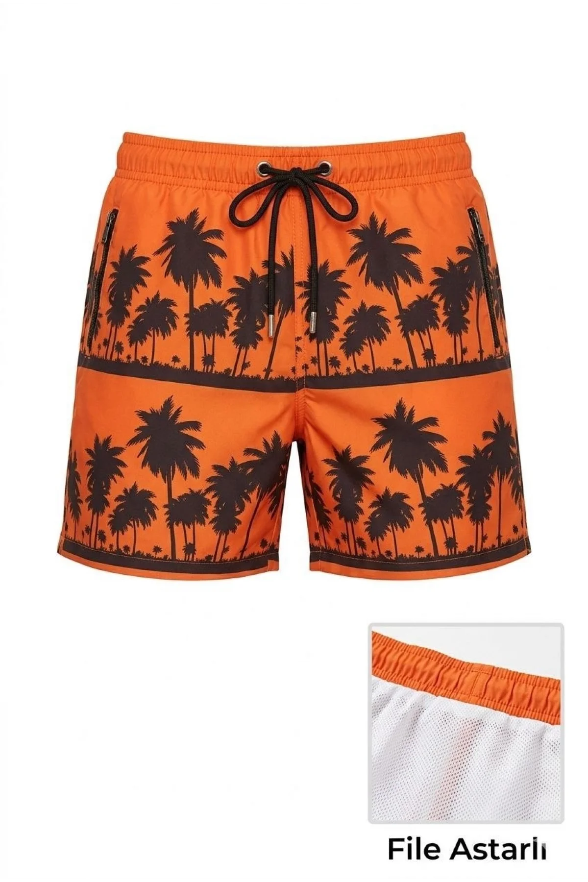 Erkek Deniz Şortu Fermuarlı Cepli File Astarlı Hızlı Kuruyan Premium - Turuncu