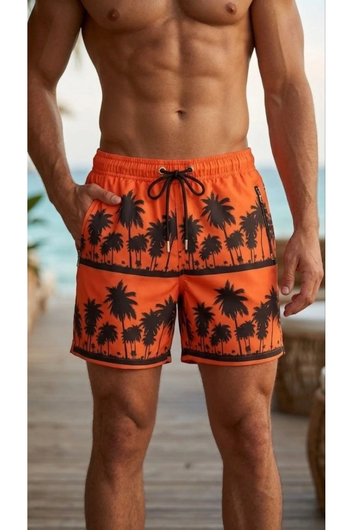 Erkek Deniz Şortu Fermuarlı Cepli File Astarlı Hızlı Kuruyan Premium - Turuncu
