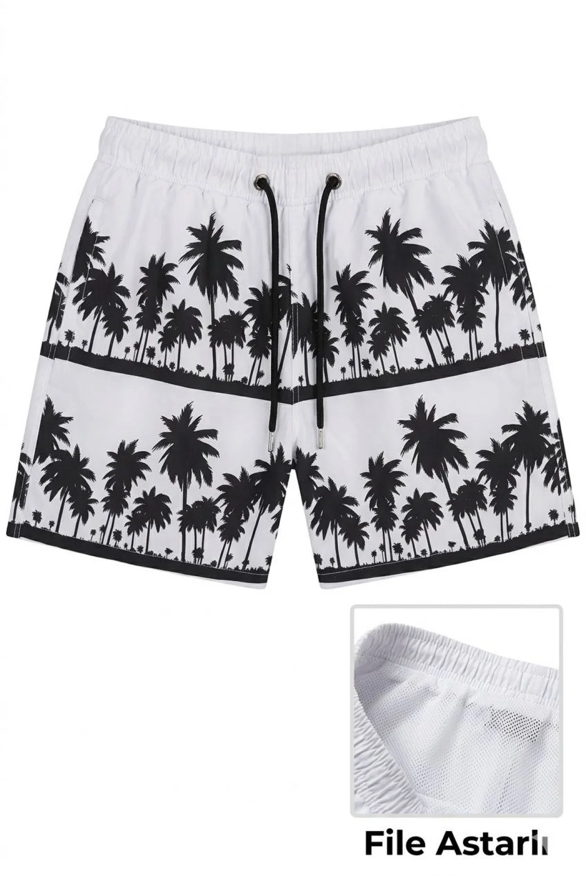 Erkek Deniz Şortu Fermuarlı Cepli File Astarlı Hızlı Kuruyan Premium - Beyaz