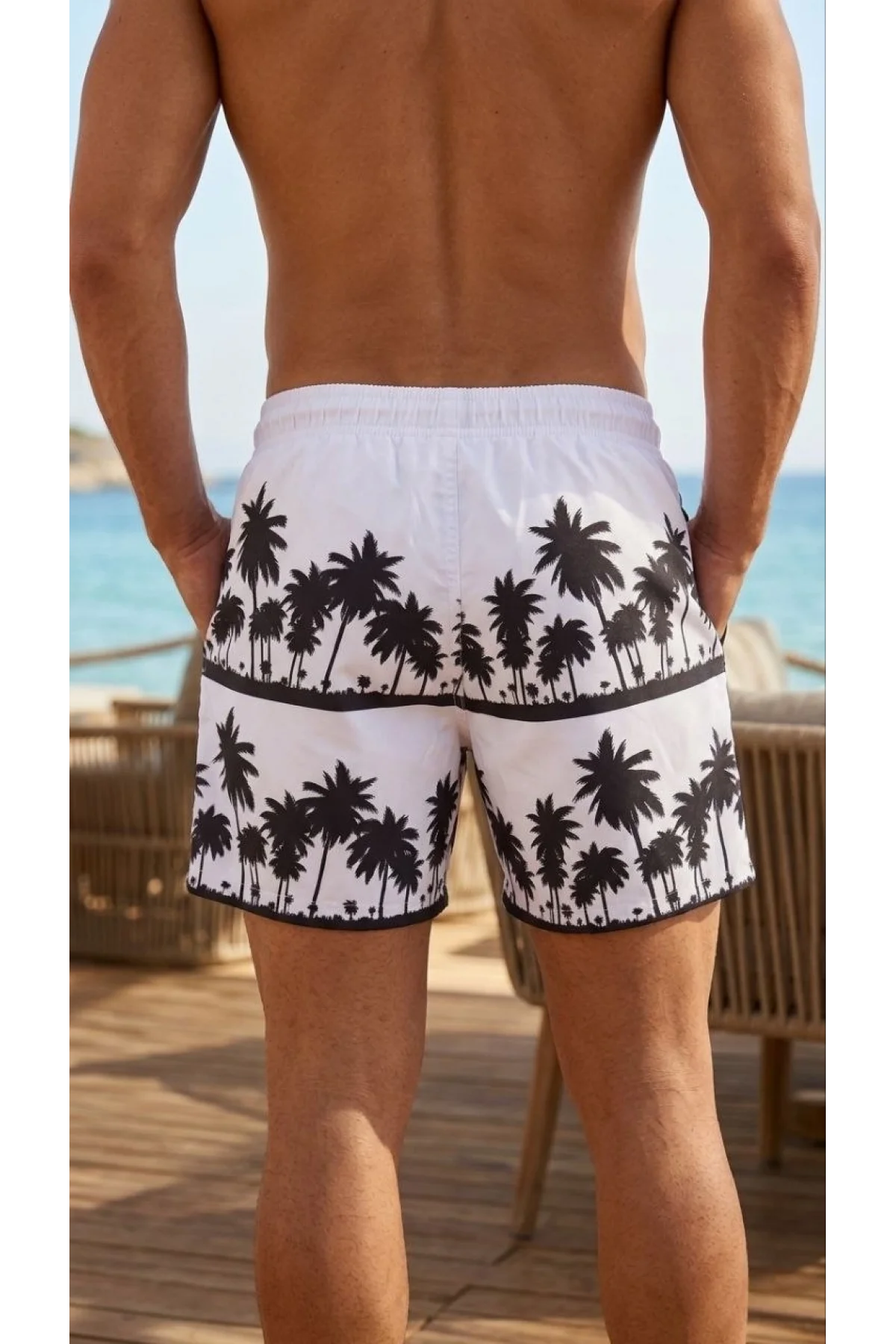 Erkek Deniz Şortu Fermuarlı Cepli File Astarlı Hızlı Kuruyan Premium - Beyaz