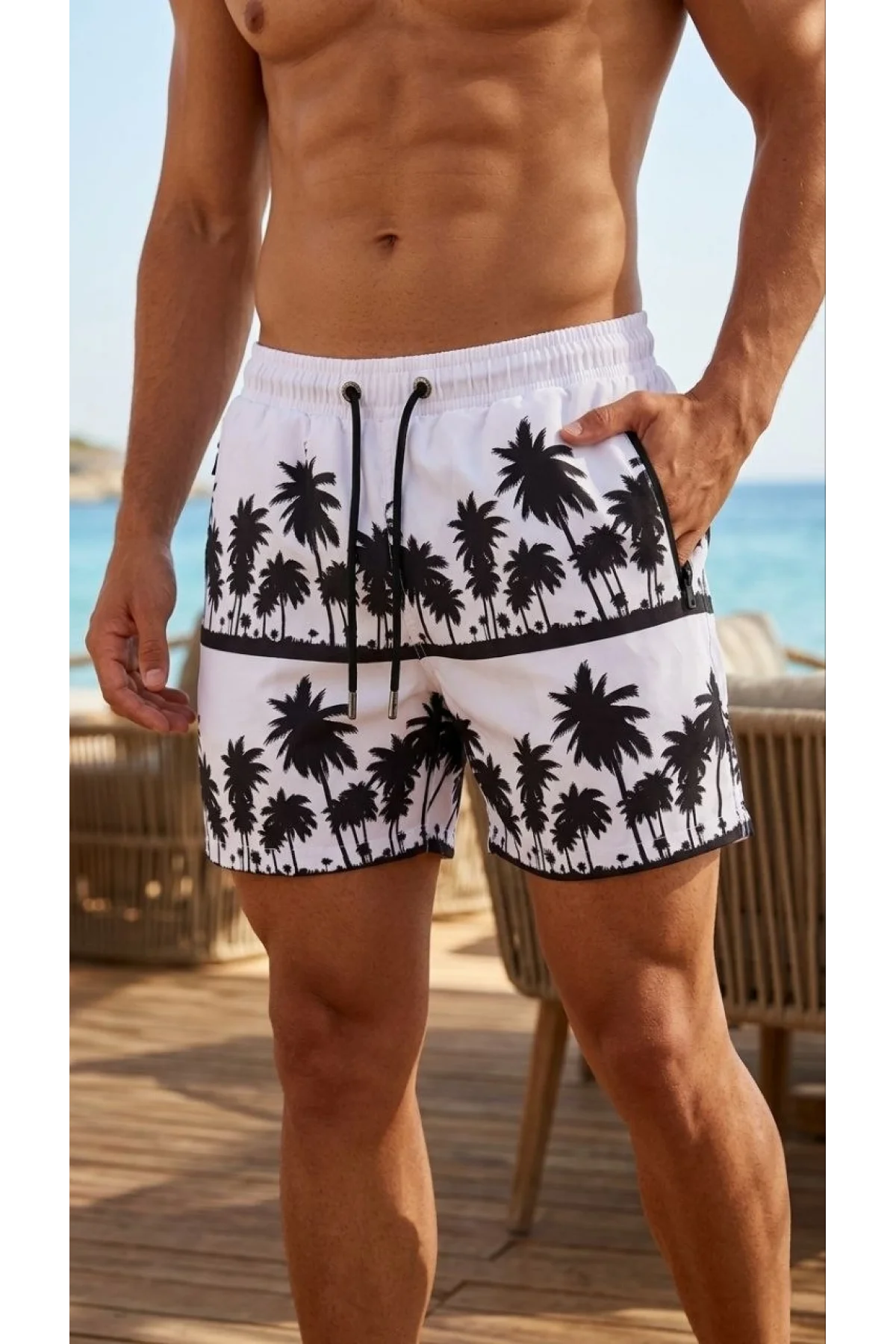 Erkek Deniz Şortu Fermuarlı Cepli File Astarlı Hızlı Kuruyan Premium - Beyaz