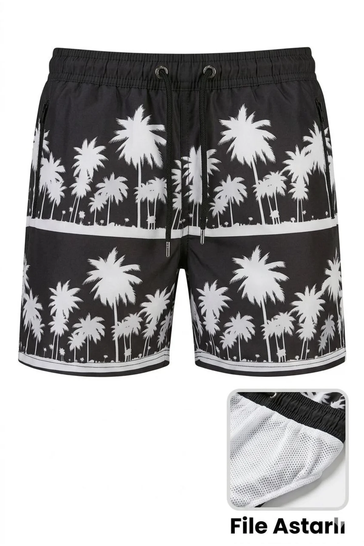Erkek Deniz Şortu Fermuarlı Cepli File Astarlı Hızlı Kuruyan Premium - Siyah