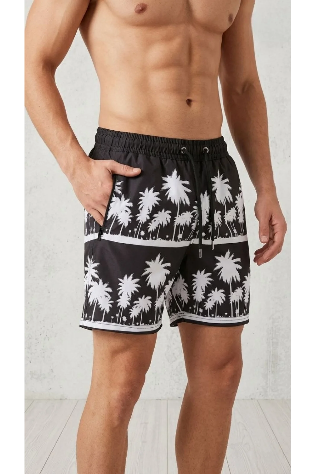 Erkek Deniz Şortu Fermuarlı Cepli File Astarlı Hızlı Kuruyan Premium - Siyah