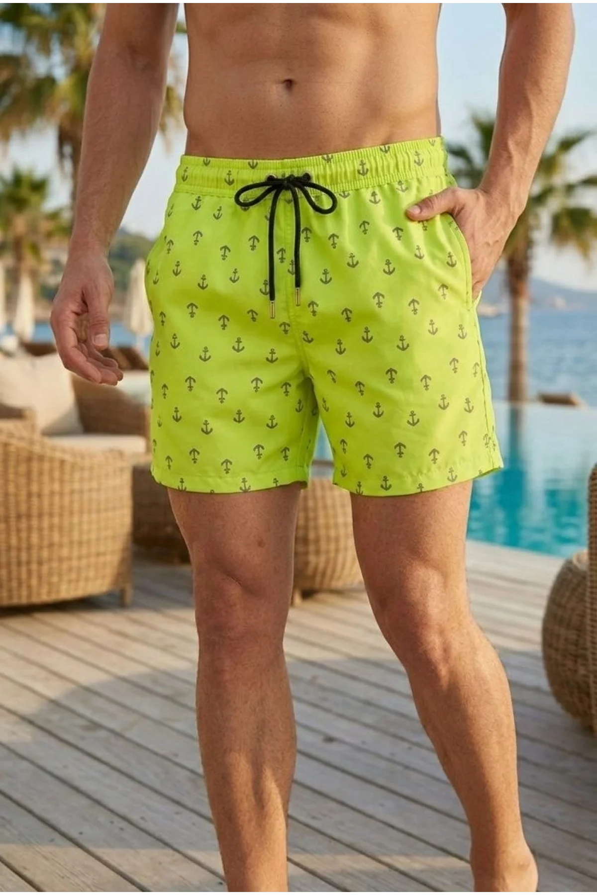 Erkek Deniz Şortu Fermuarlı Cepli File Astarlı Hızlı Kuruyan Premium - Neon Yeşili