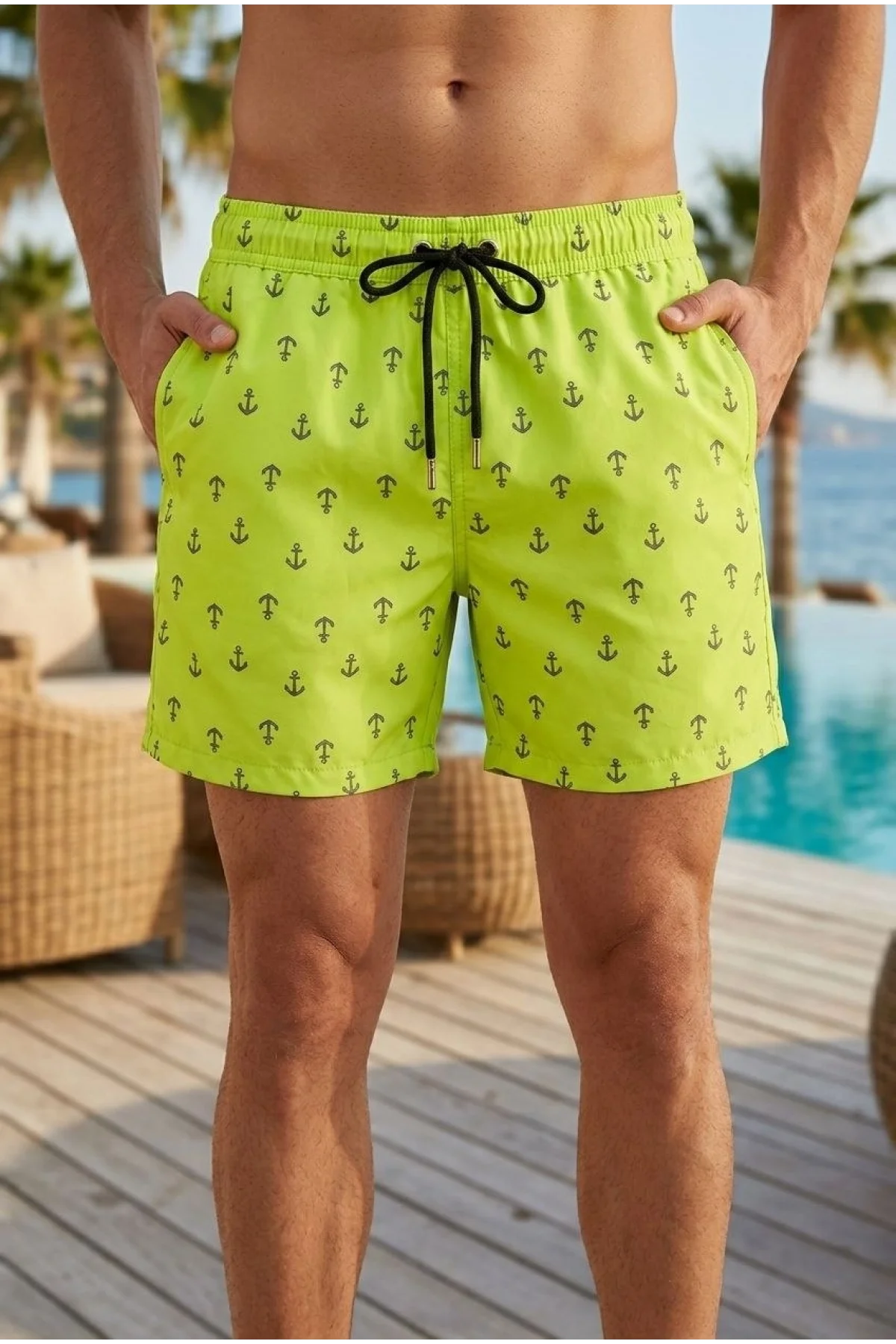 Erkek Deniz Şortu Fermuarlı Cepli File Astarlı Hızlı Kuruyan Premium - Neon Yeşili