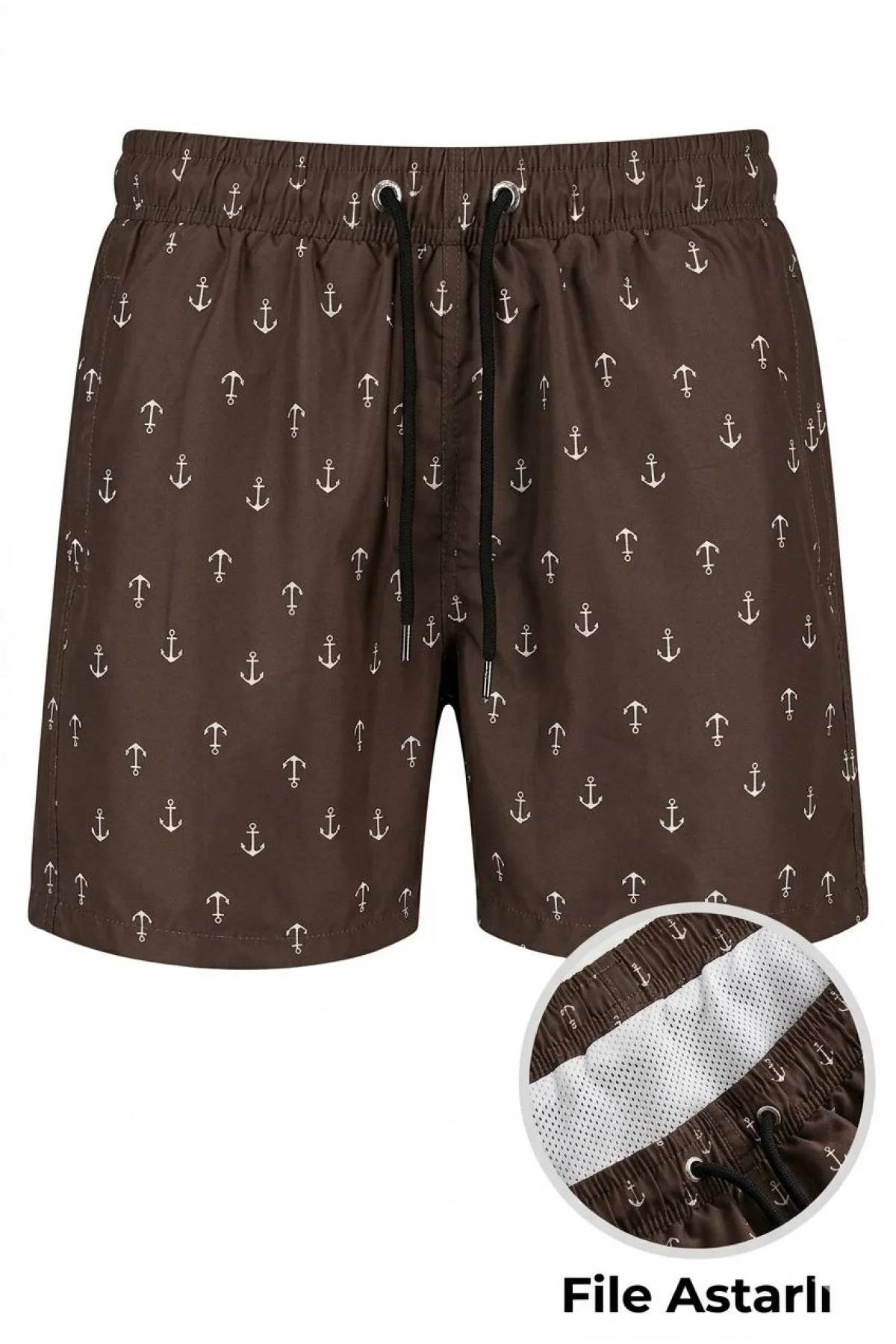 Erkek Deniz Şortu Fermuarlı Cepli File Astarlı Hızlı Kuruyan Premium - Kahverengi