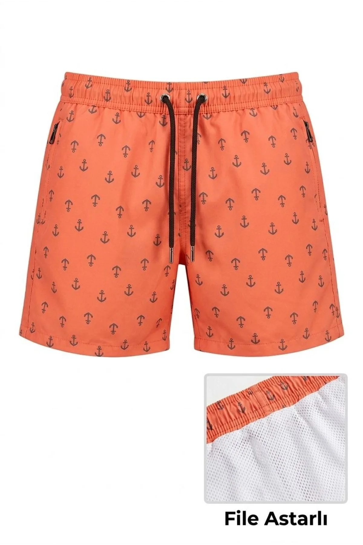 Erkek Deniz Şortu Fermuarlı Cepli File Astarlı Hızlı Kuruyan Premium - Turuncu