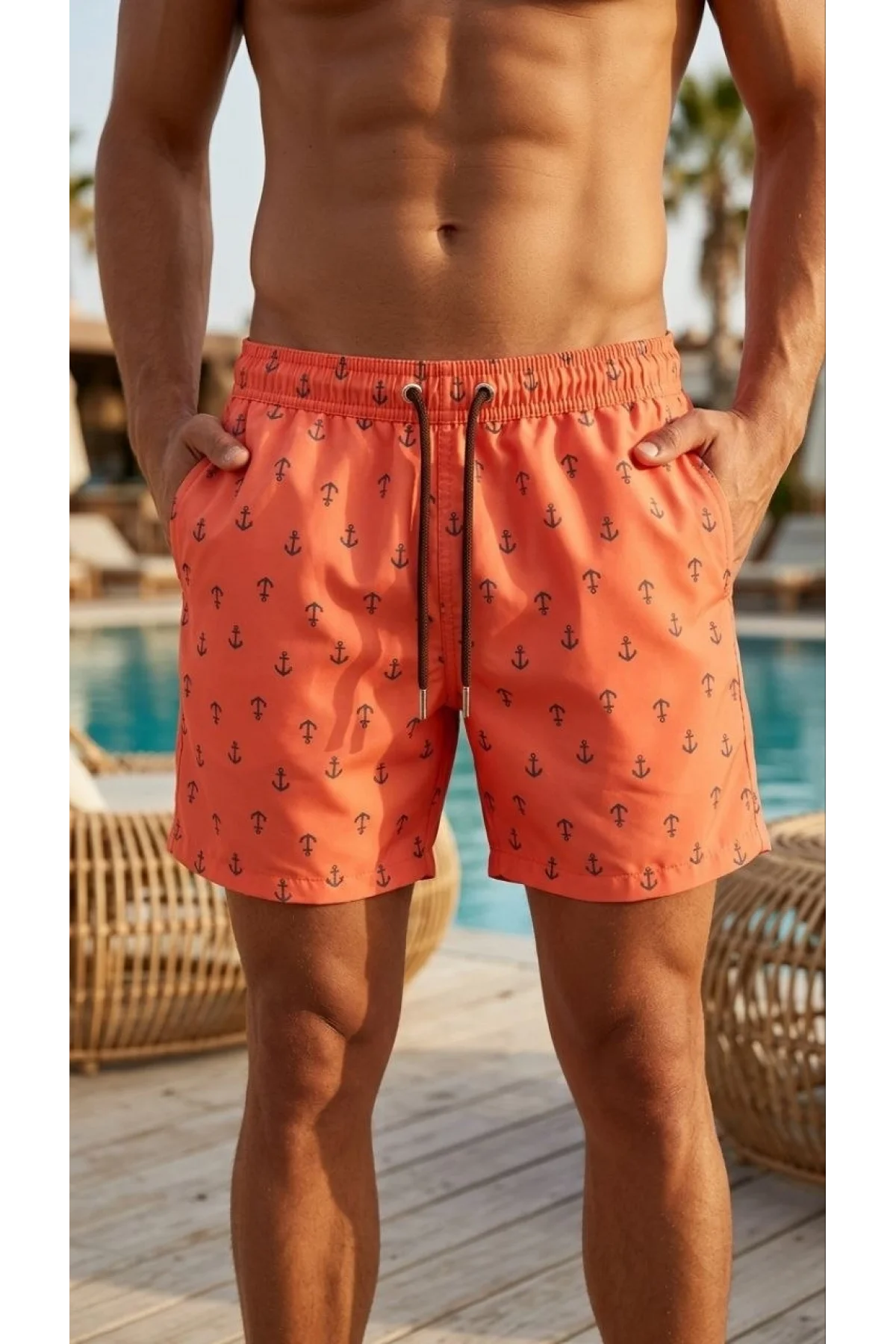 Erkek Deniz Şortu Fermuarlı Cepli File Astarlı Hızlı Kuruyan Premium - Turuncu