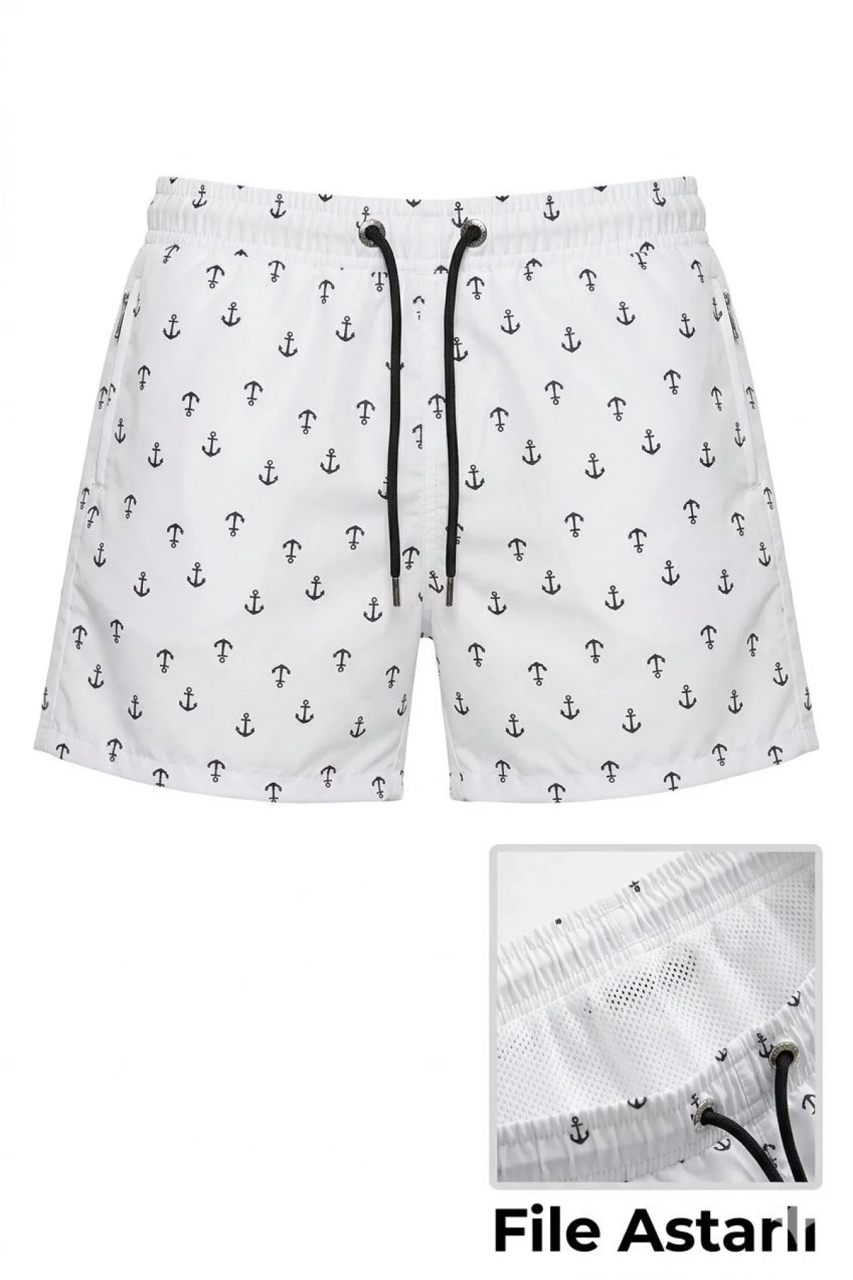 Erkek Deniz Şortu Fermuarlı Cepli File Astarlı Hızlı Kuruyan Premium - Beyaz